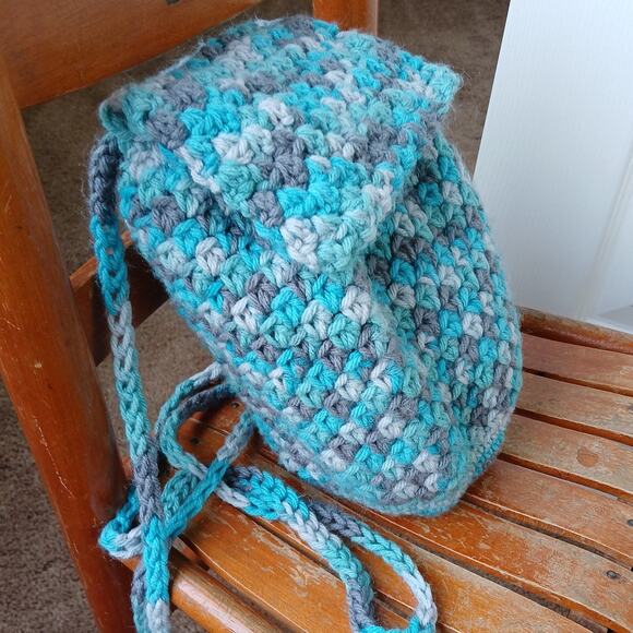 Icelandic Crochet Drawstring Mini Backpack Purse Bag blue grey handmade unlined - Picture 2 of 12